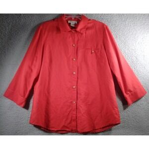 Evan-Picone Button Up Shirt Womens Large Red Linen Cotton 3/4 Sleeve Blouse